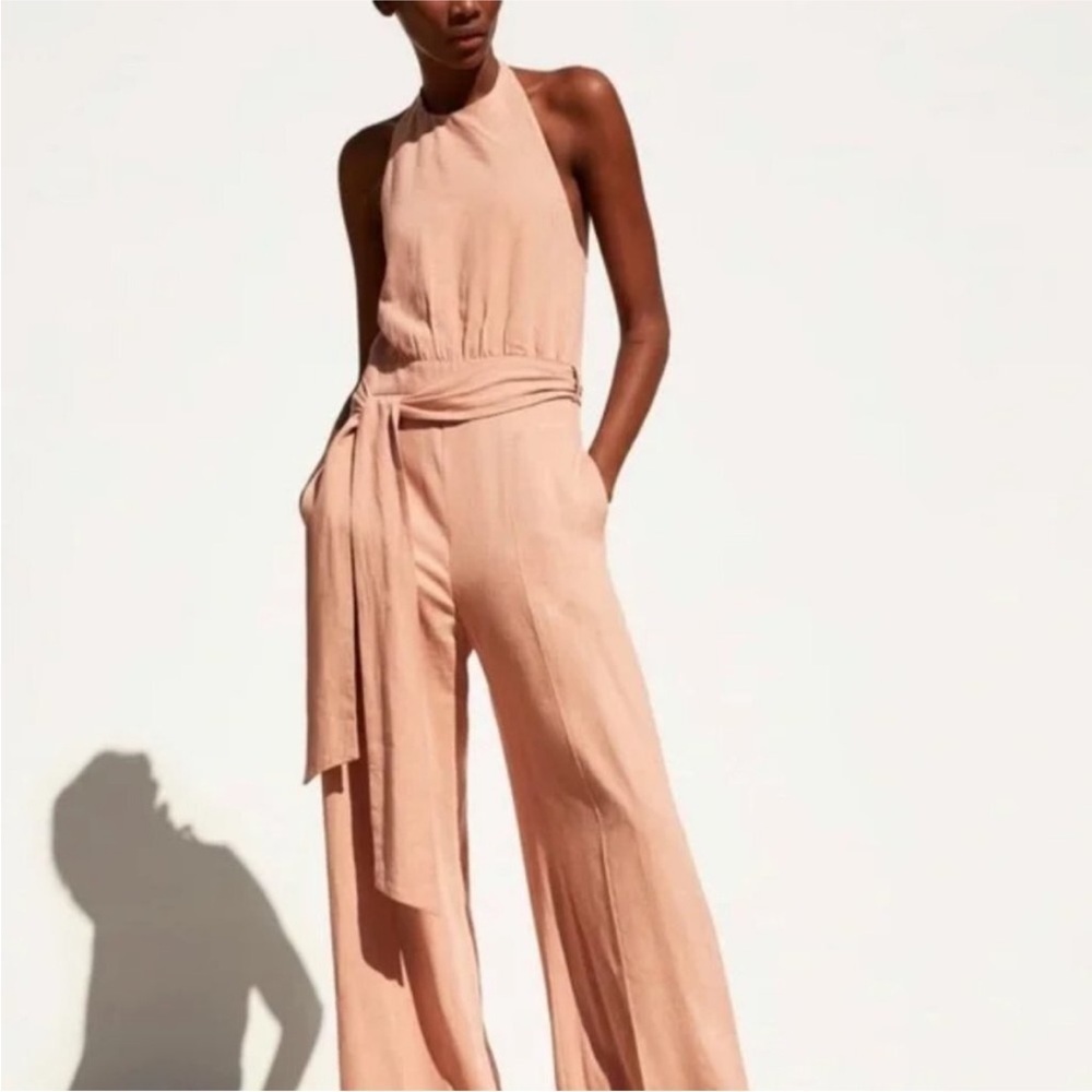 NWT Zara Mauve Viscose Linen Blend Wide Leg Sleeveless Halter Jumpsuit Pockets L - Picture 2 of 12